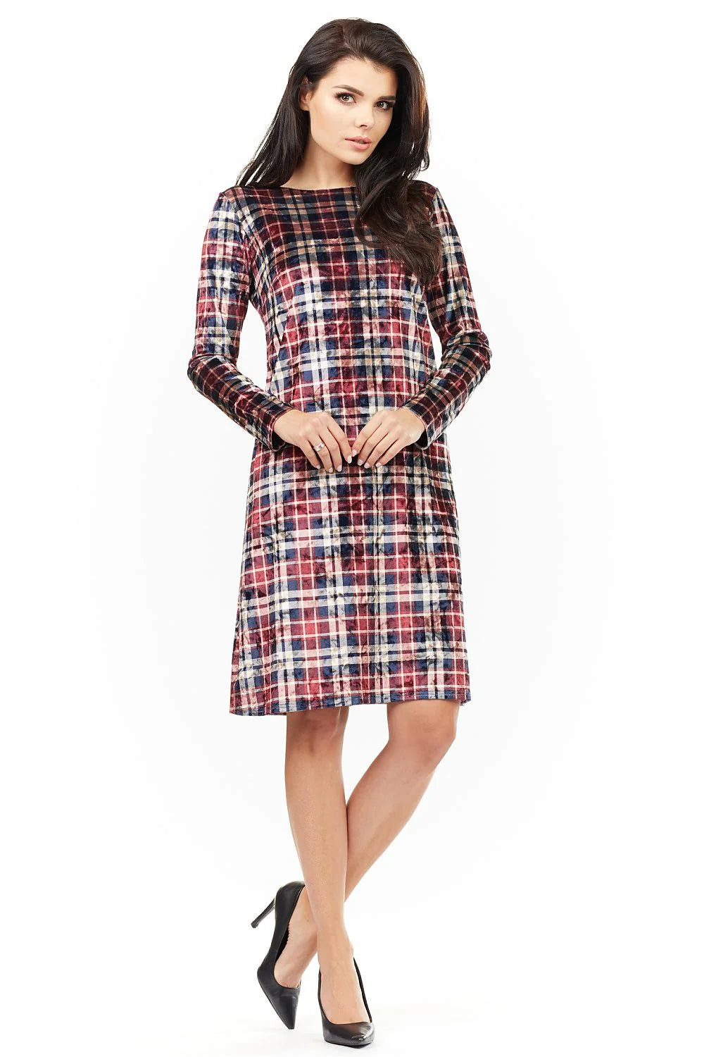 Robe élégante en velours à carreaux, manches longues, style chic pour femme moderne et active