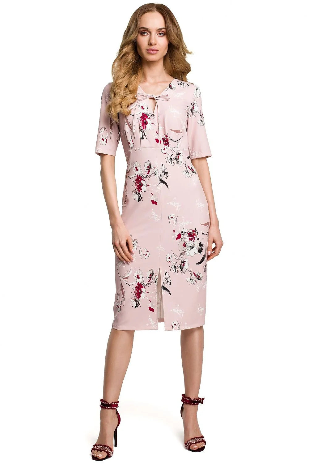 Robe élégante polyester rose clair florale ajustée manches mi-longues fente avant femme printemps été