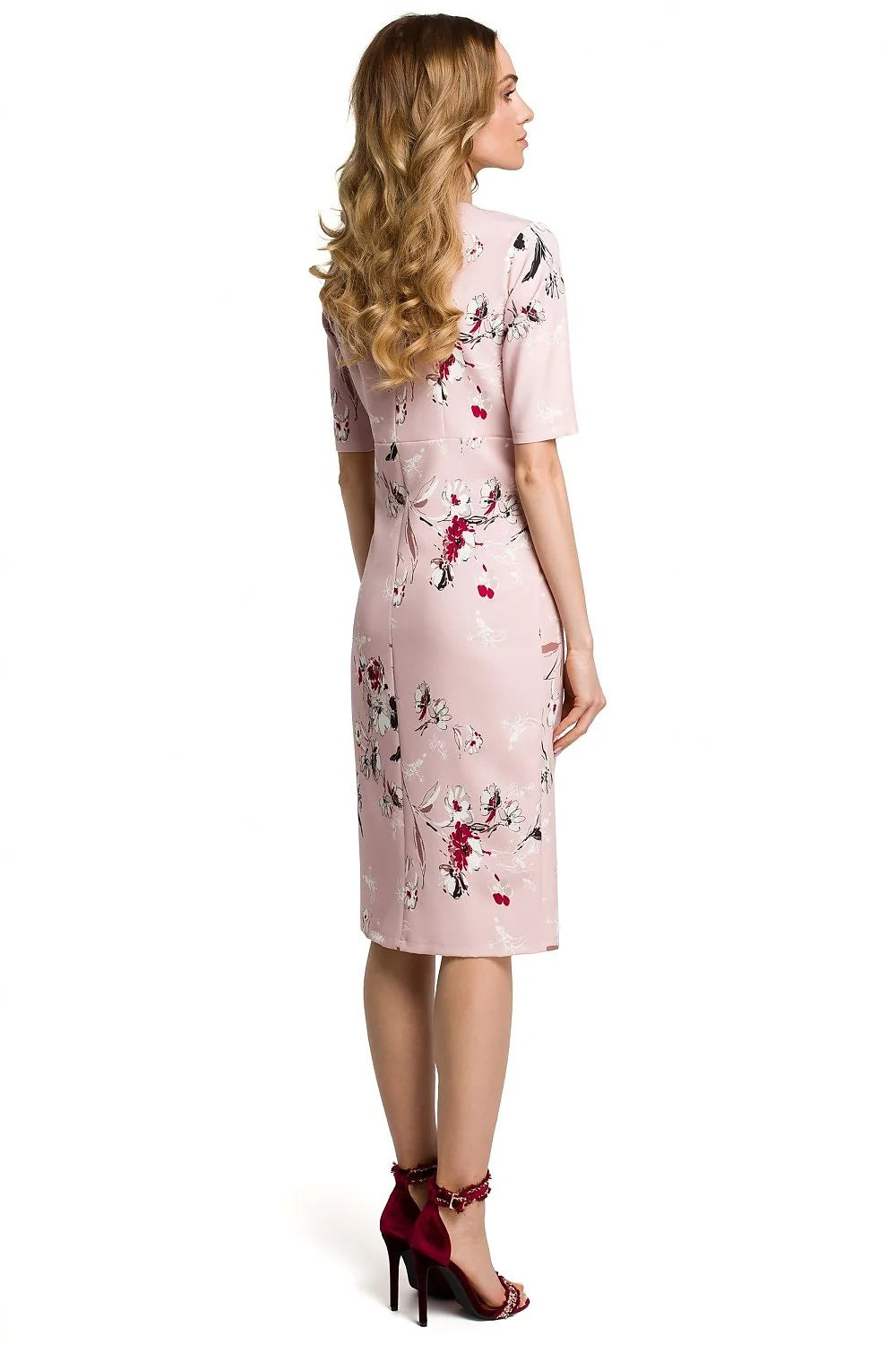 Robe élégante polyester rose clair florale ajustée manches mi-longues fente avant femme printemps été