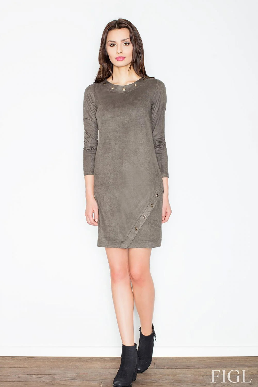 Robe élégante suède gris kaki coupe droite manches longues style casual pour toutes occasions