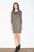 Robe élégante suède gris kaki coupe droite manches longues style casual pour toutes occasions