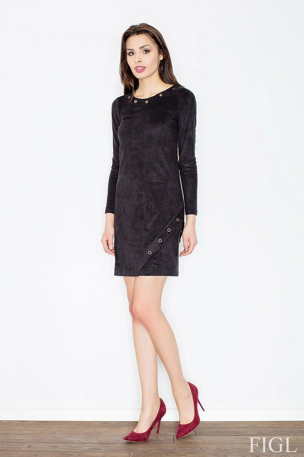 Robe élégante suède gris kaki coupe droite manches longues style casual pour toutes occasions