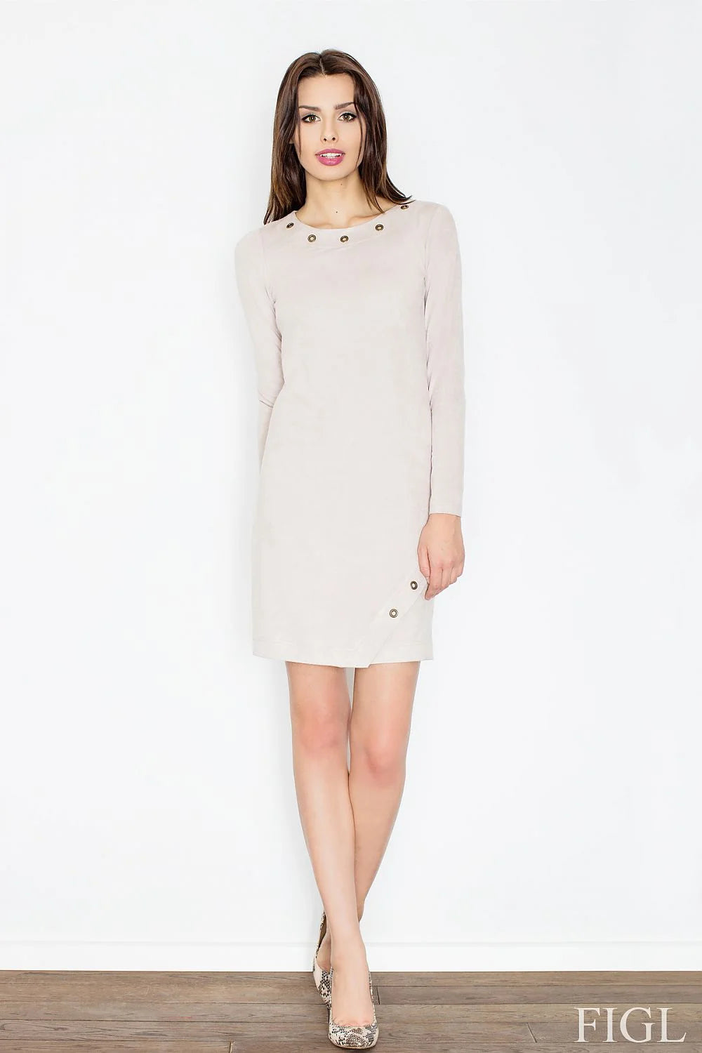 Robe élégante suède gris kaki coupe droite manches longues style casual pour toutes occasions
