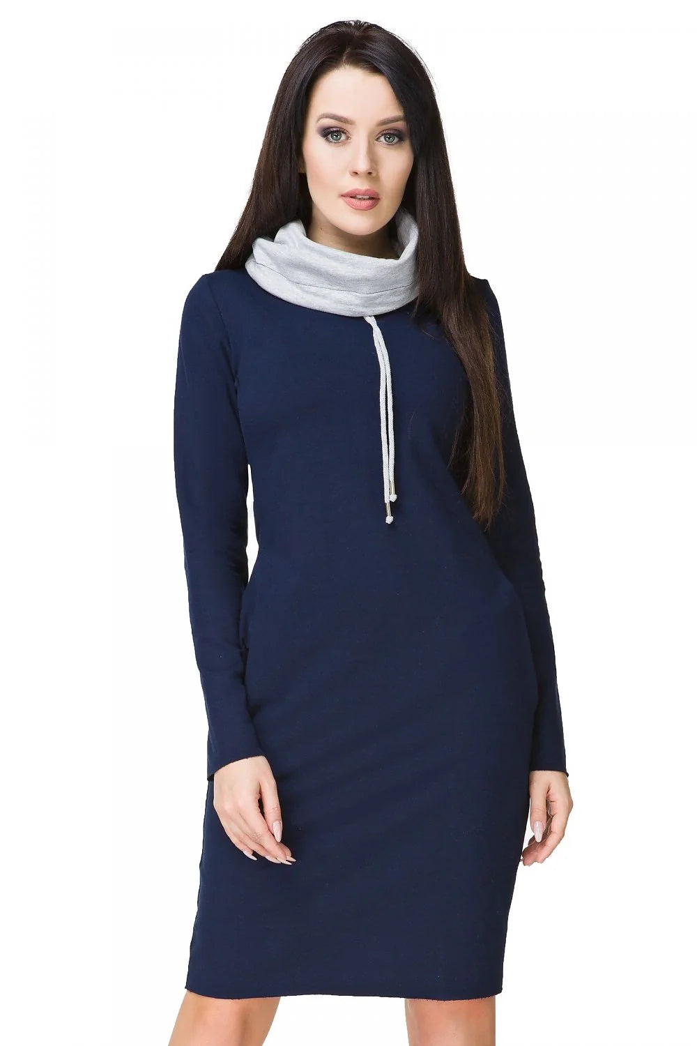 Robe en coton bleu marine casual élégante manches longues col cheminée confort quotidien femmes modernes