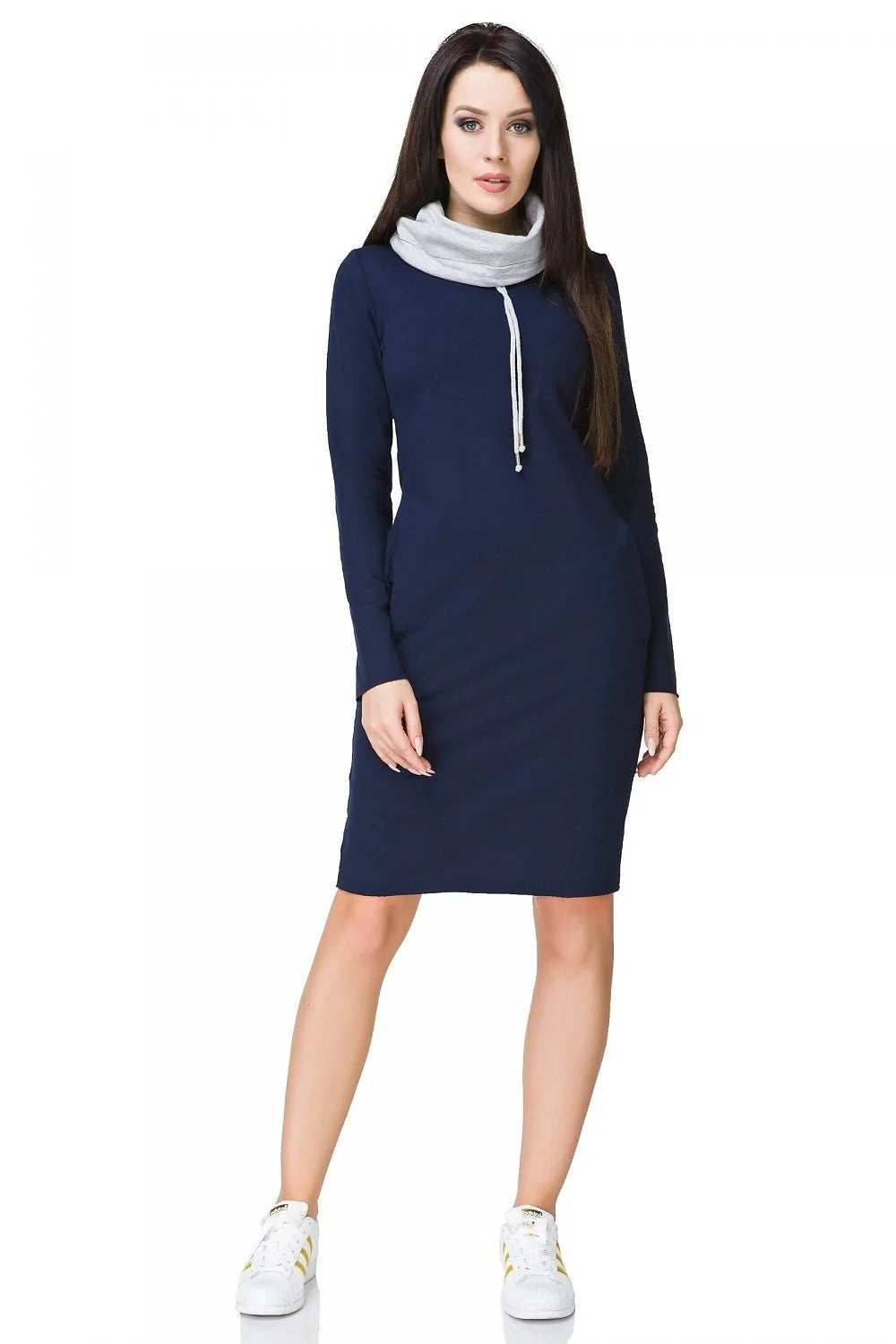 Robe en coton bleu marine casual élégante manches longues col cheminée confort quotidien femmes modernes