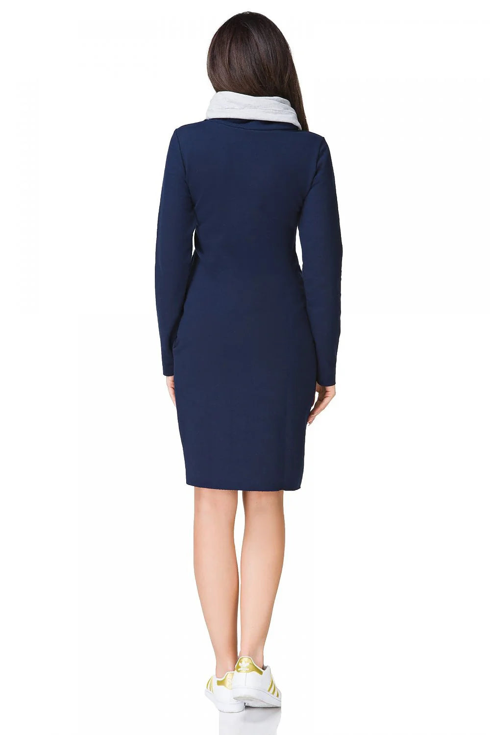 Robe en coton bleu marine casual élégante manches longues col cheminée confort quotidien femmes modernes