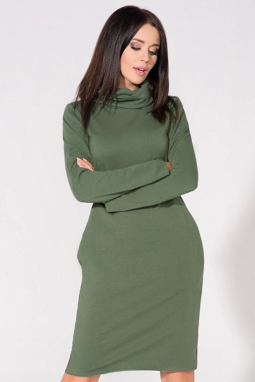 Robe en coton casual chic fluide kaki col roulé manches longues élégance quotidienne femmes modernes