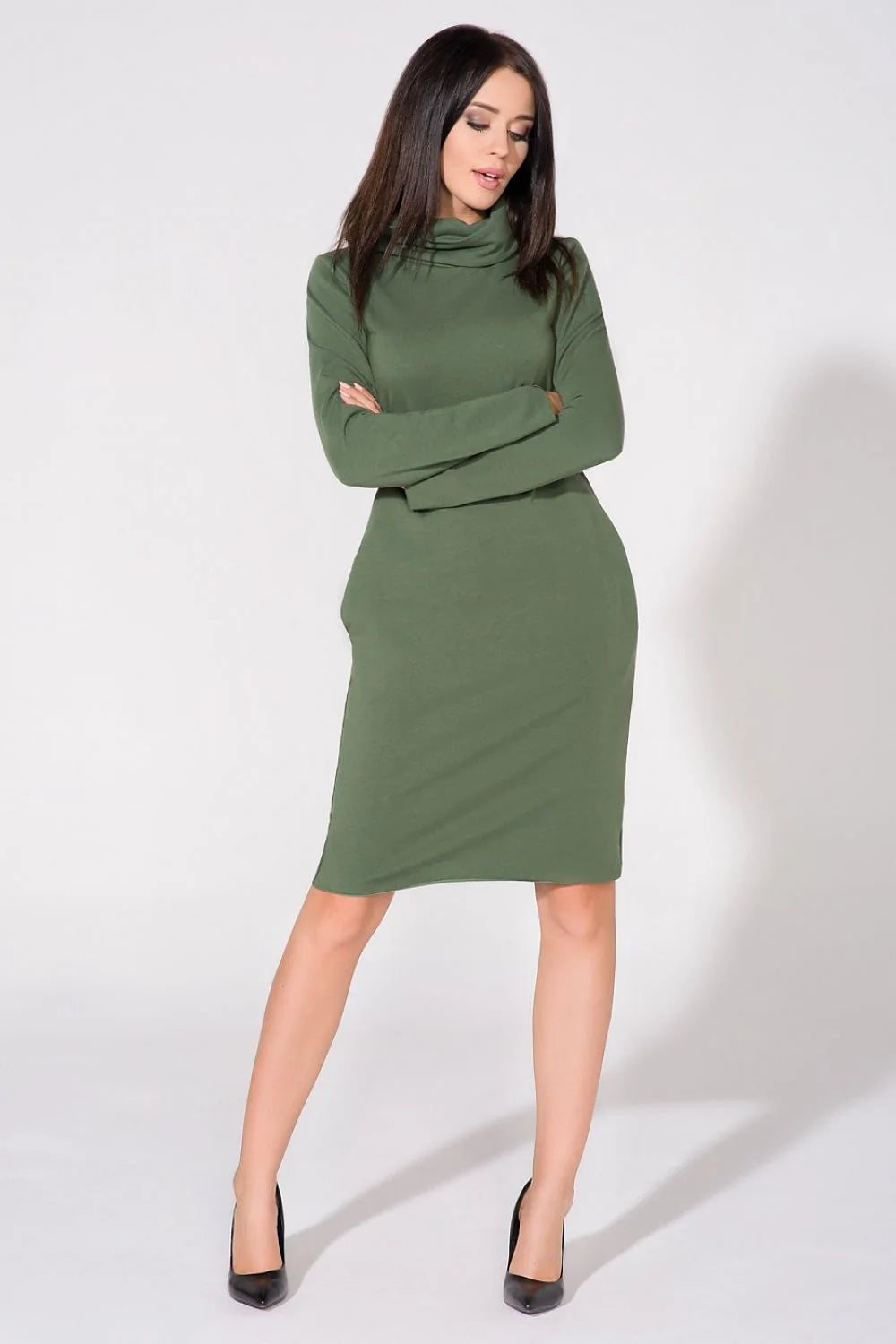 Robe en coton casual chic fluide kaki col roulé manches longues élégance quotidienne femmes modernes