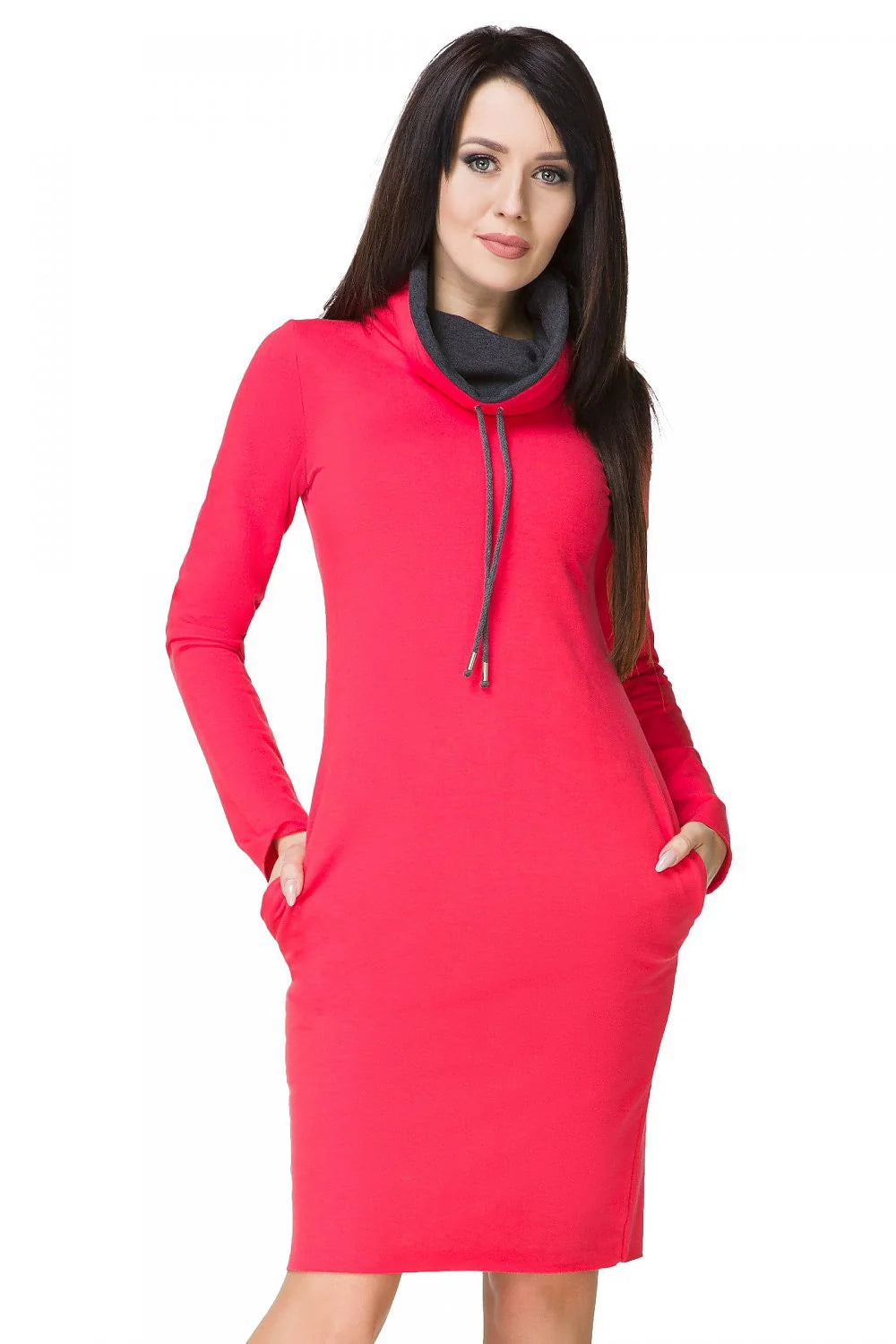 Robe en coton décontractée rose vif col roulé avec poches pour femmes modernes élégantes