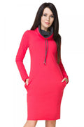 Robe en coton décontractée rose vif col roulé avec poches pour femmes modernes élégantes