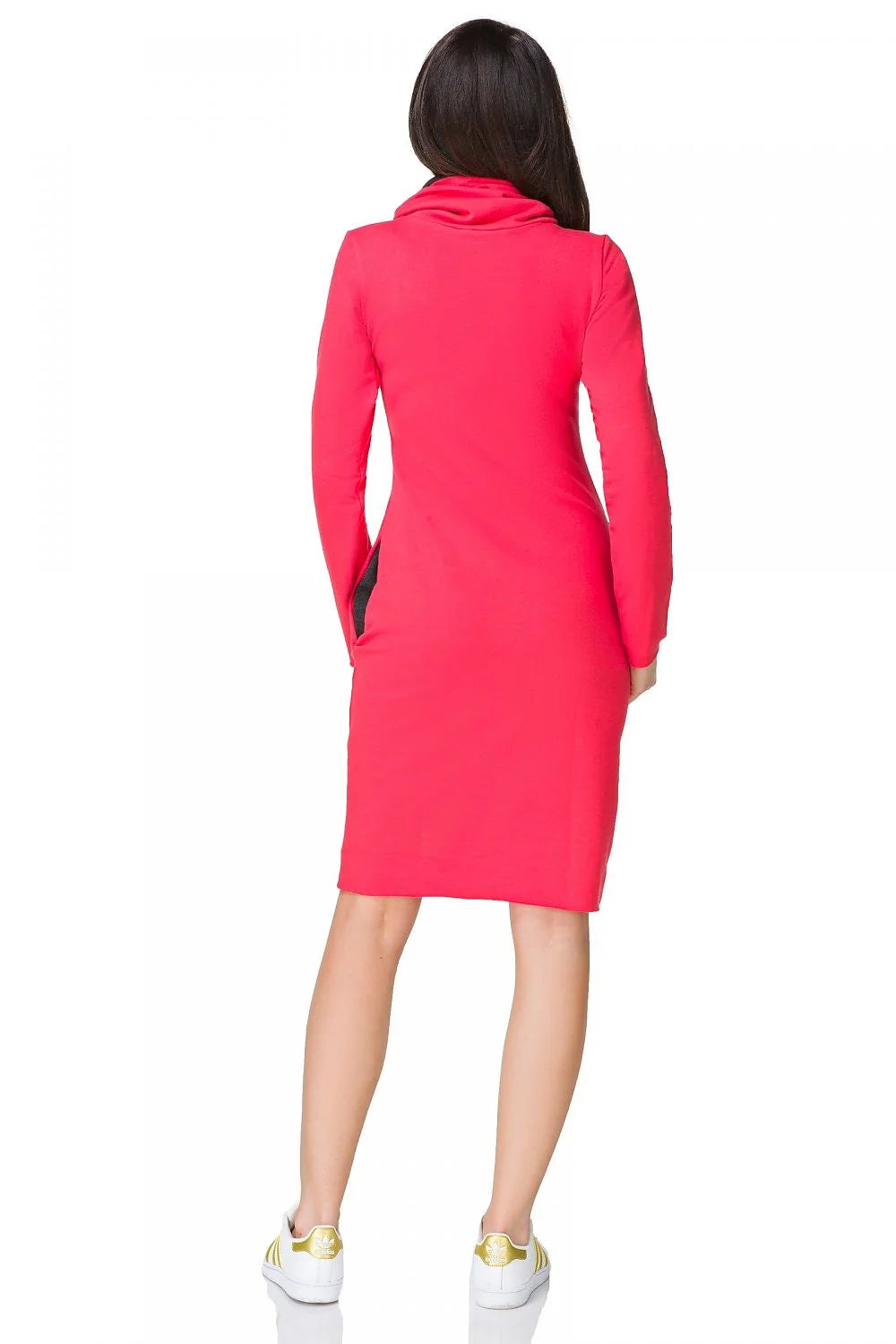 Robe en coton décontractée rose vif col roulé avec poches pour femmes modernes élégantes
