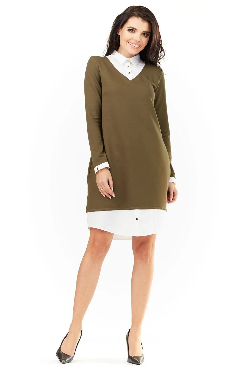 Robe en coton élégante avec chemise intégrée kaki blanc pour style moderne bureau quotidien