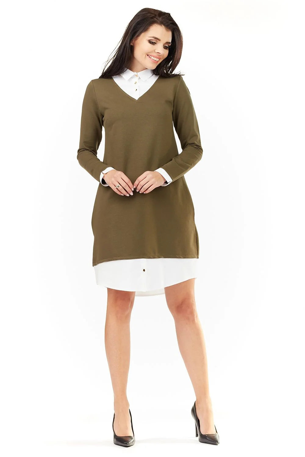 Robe en coton élégante avec chemise intégrée kaki blanc pour style moderne bureau quotidien