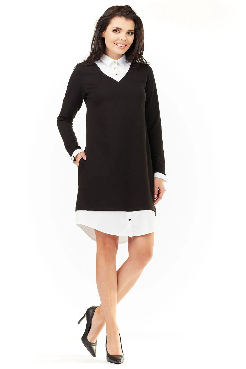 Robe en coton élégante avec chemise intégrée kaki blanc pour style moderne bureau quotidien