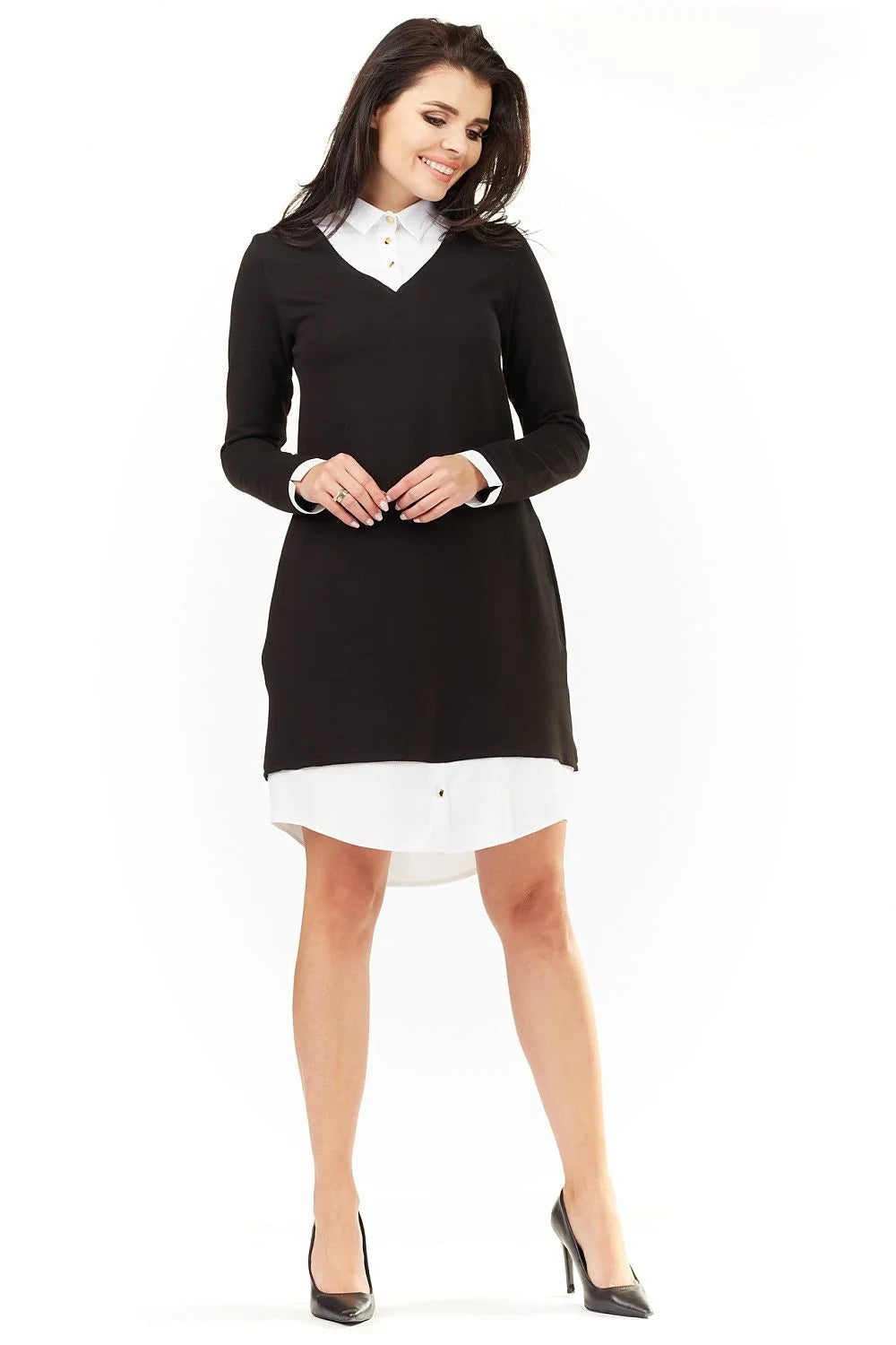 Robe en coton élégante avec chemise intégrée kaki blanc pour style moderne bureau quotidien