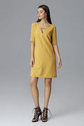 Robe en coton jaune moderne élégante à manches courtes pour femme avec découpe col chic