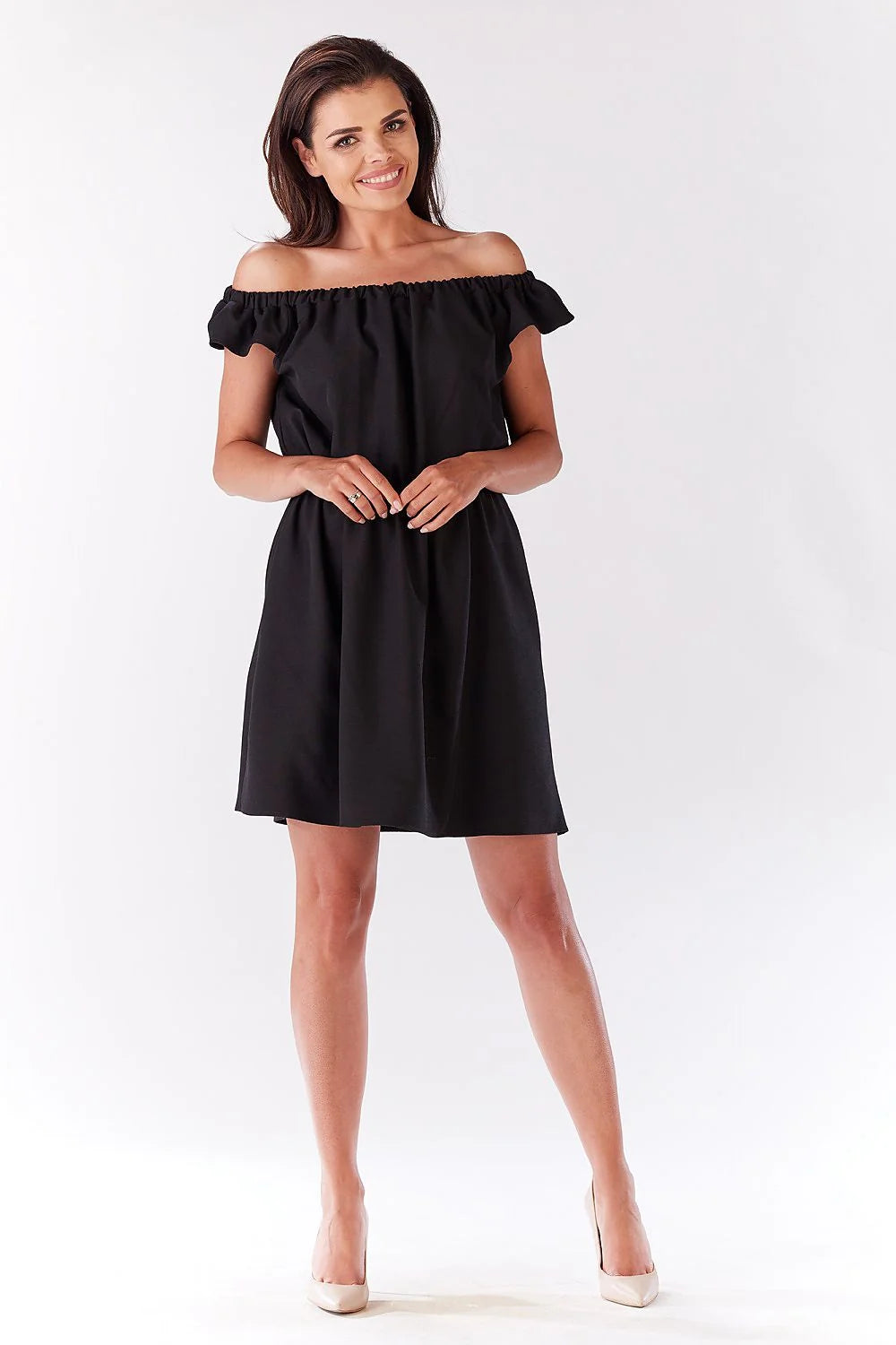 Robe en coton noir chic décontractée épaules dénudées évasée confortable pour femme élégante quotidienne