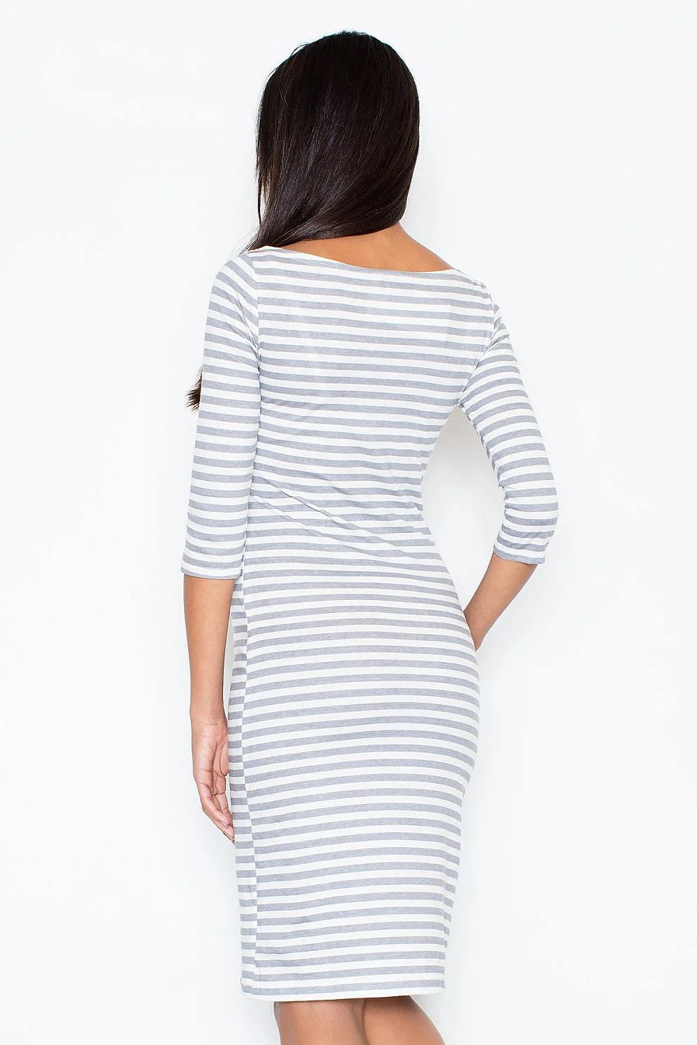 Robe en coton rayée élégante casual manches trois-quarts encolure bateau pour sorties chic quotidiennes