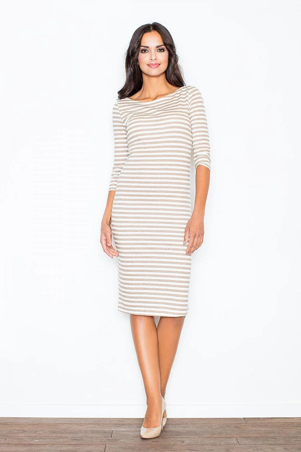 Robe en coton rayée élégante casual manches trois-quarts encolure bateau pour sorties chic quotidiennes