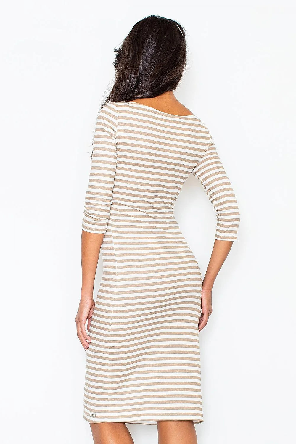 Robe en coton rayée élégante casual manches trois-quarts encolure bateau pour sorties chic quotidiennes