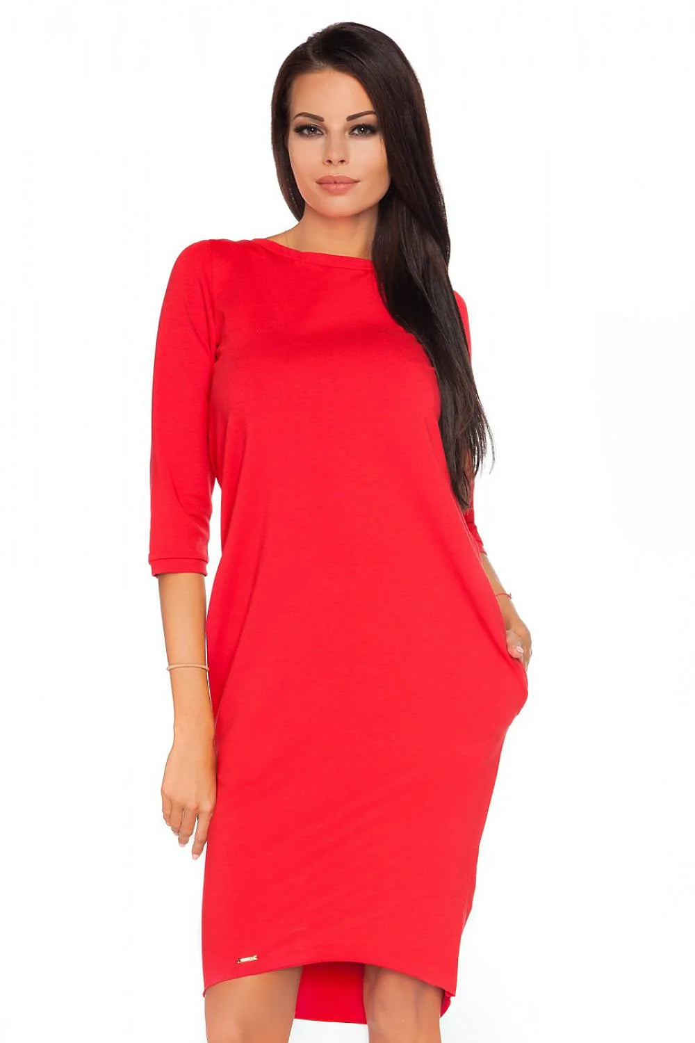 Robe en coton rouge vif décontractée élégante manches trois-quarts asymétrique pour femmes modernes et actives