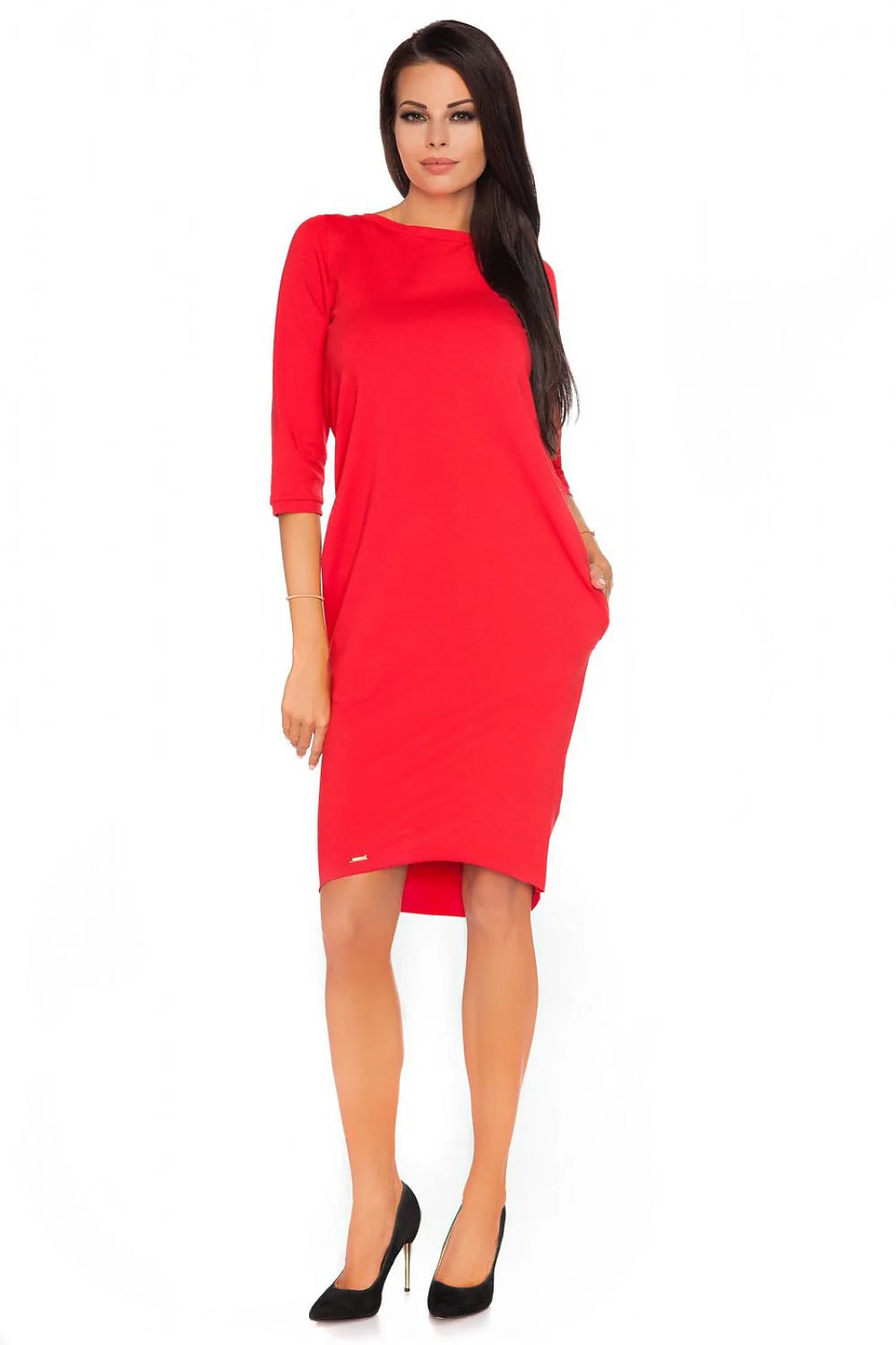 Robe en coton rouge vif décontractée élégante manches trois-quarts asymétrique pour femmes modernes et actives