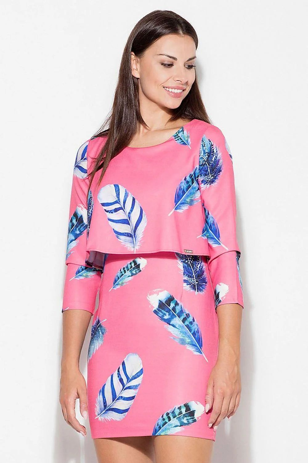 Robe en polyester moderne ajustée rose à motifs plumes bleues blanches pour femme tendance élégante