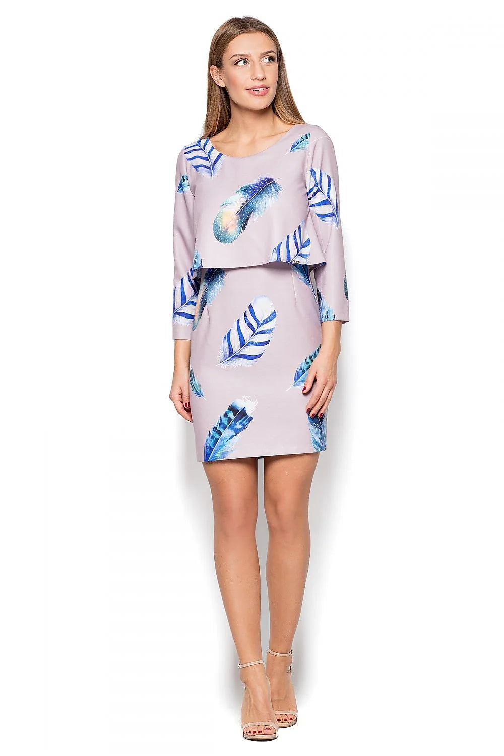 Robe en polyester moderne ajustée rose à motifs plumes bleues blanches pour femme tendance élégante
