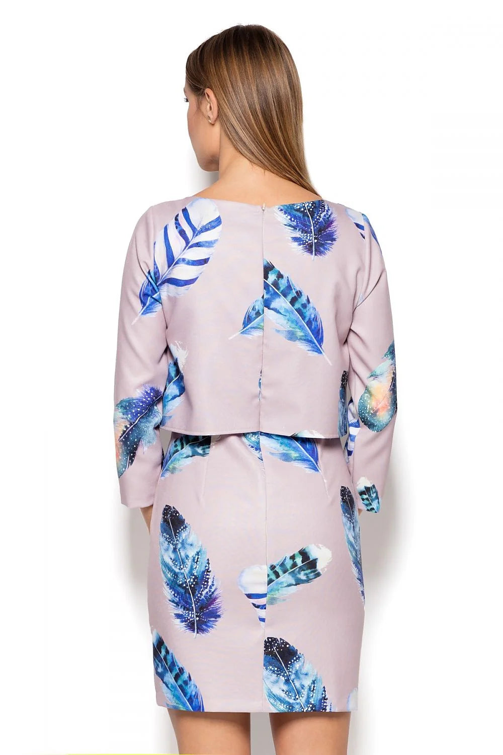 Robe en polyester moderne ajustée rose à motifs plumes bleues blanches pour femme tendance élégante