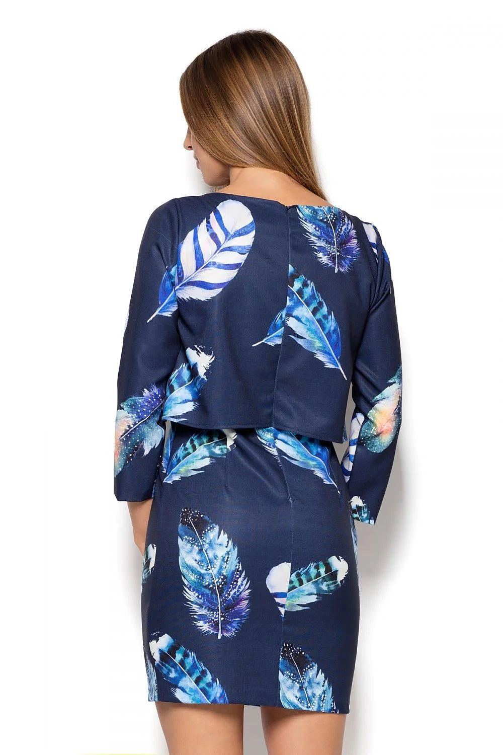 Robe en polyester moderne ajustée rose à motifs plumes bleues blanches pour femme tendance élégante