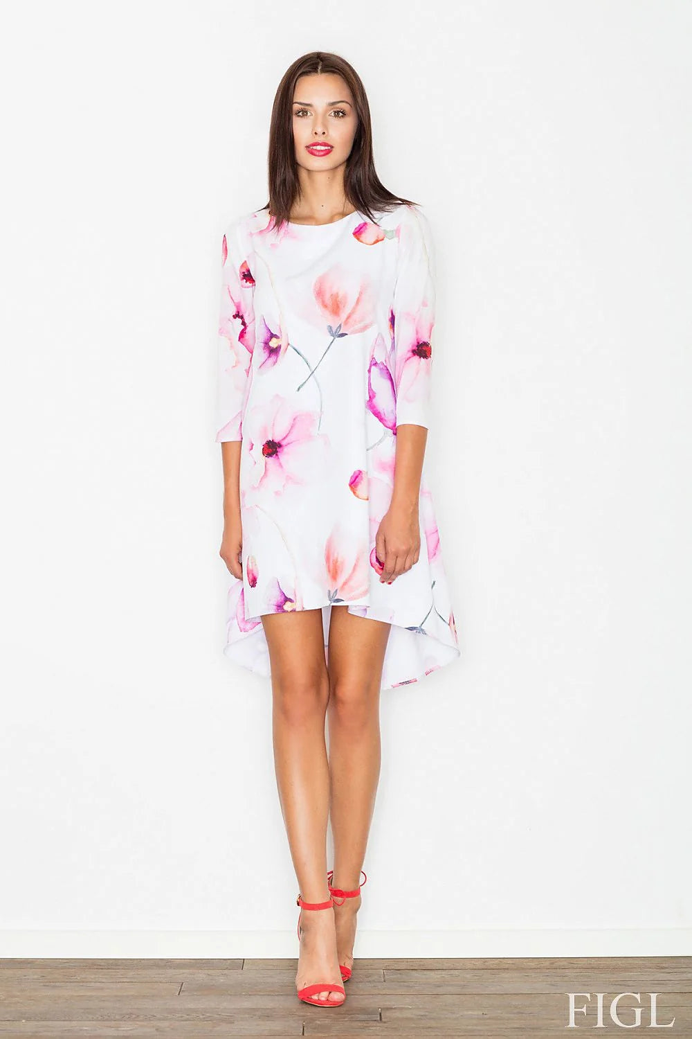Robe évasée en coton blanc motifs floraux élégante manches trois-quarts pour sorties estivales femme