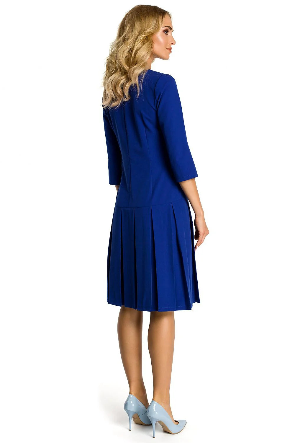 Robe évasée en coton bleu casual élégante manches trois-quarts pour occasions spéciales et quotidiennes femmes