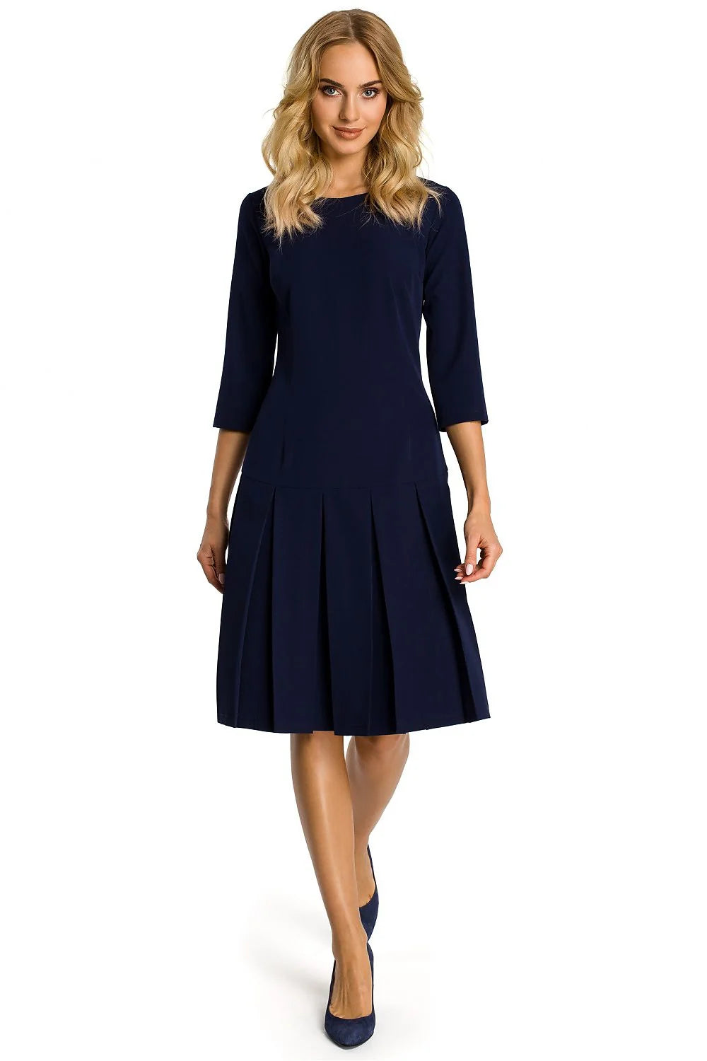 Robe évasée en coton bleu casual élégante manches trois-quarts pour occasions spéciales et quotidiennes femmes