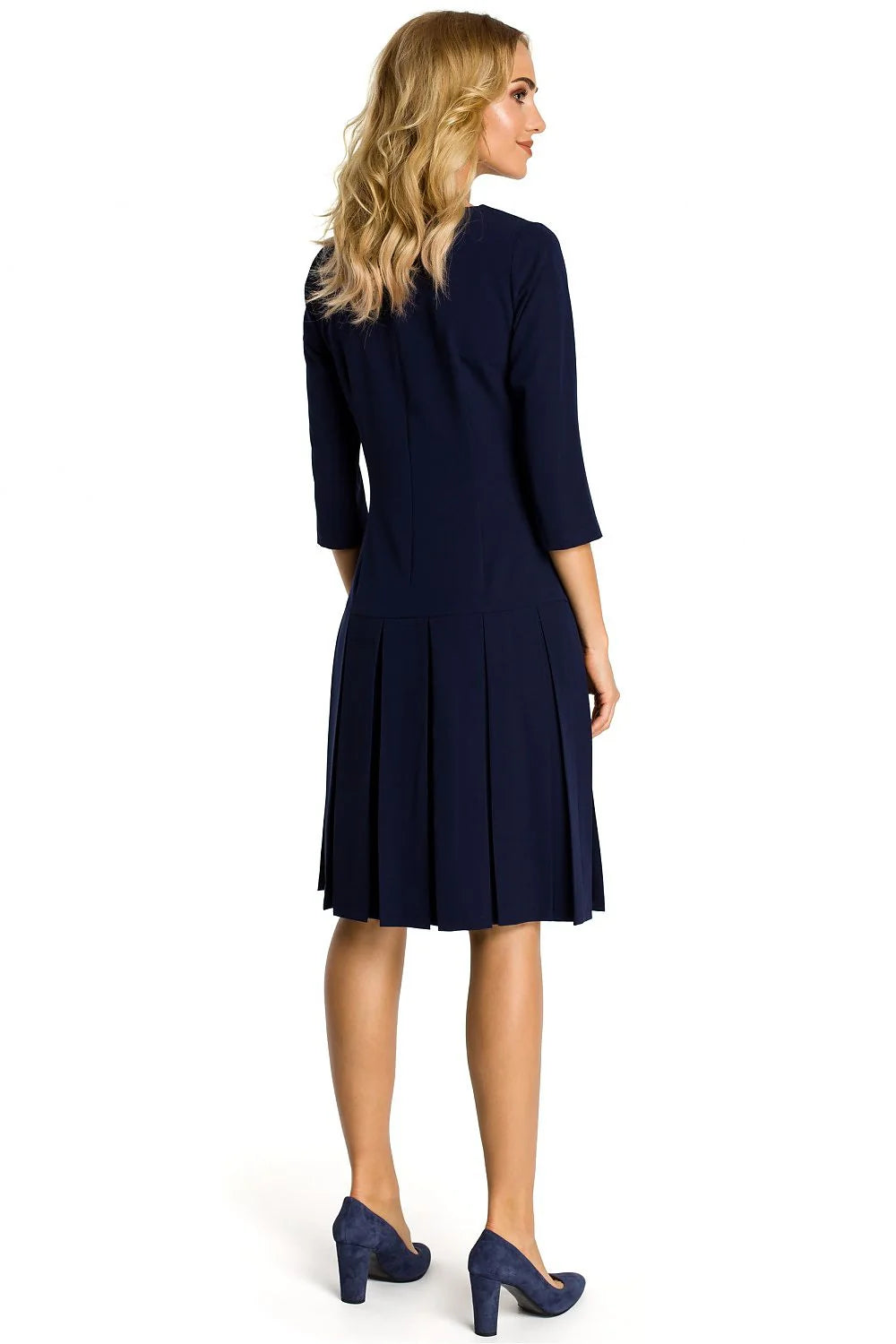 Robe évasée en coton bleu casual élégante manches trois-quarts pour occasions spéciales et quotidiennes femmes