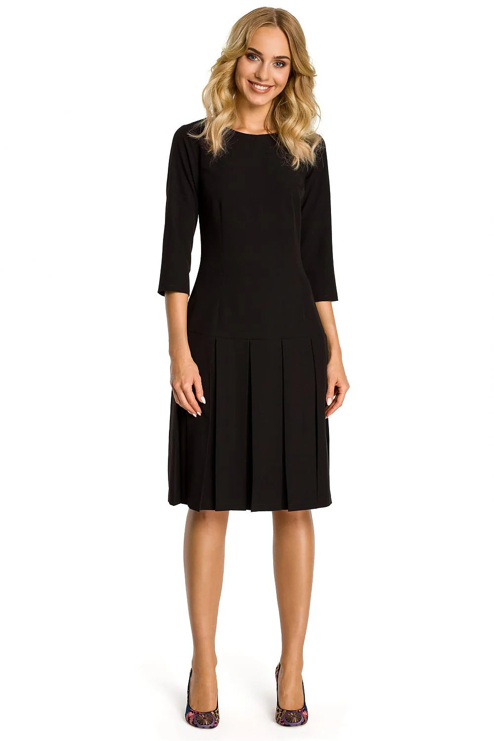 Robe évasée en coton bleu casual élégante manches trois-quarts pour occasions spéciales et quotidiennes femmes