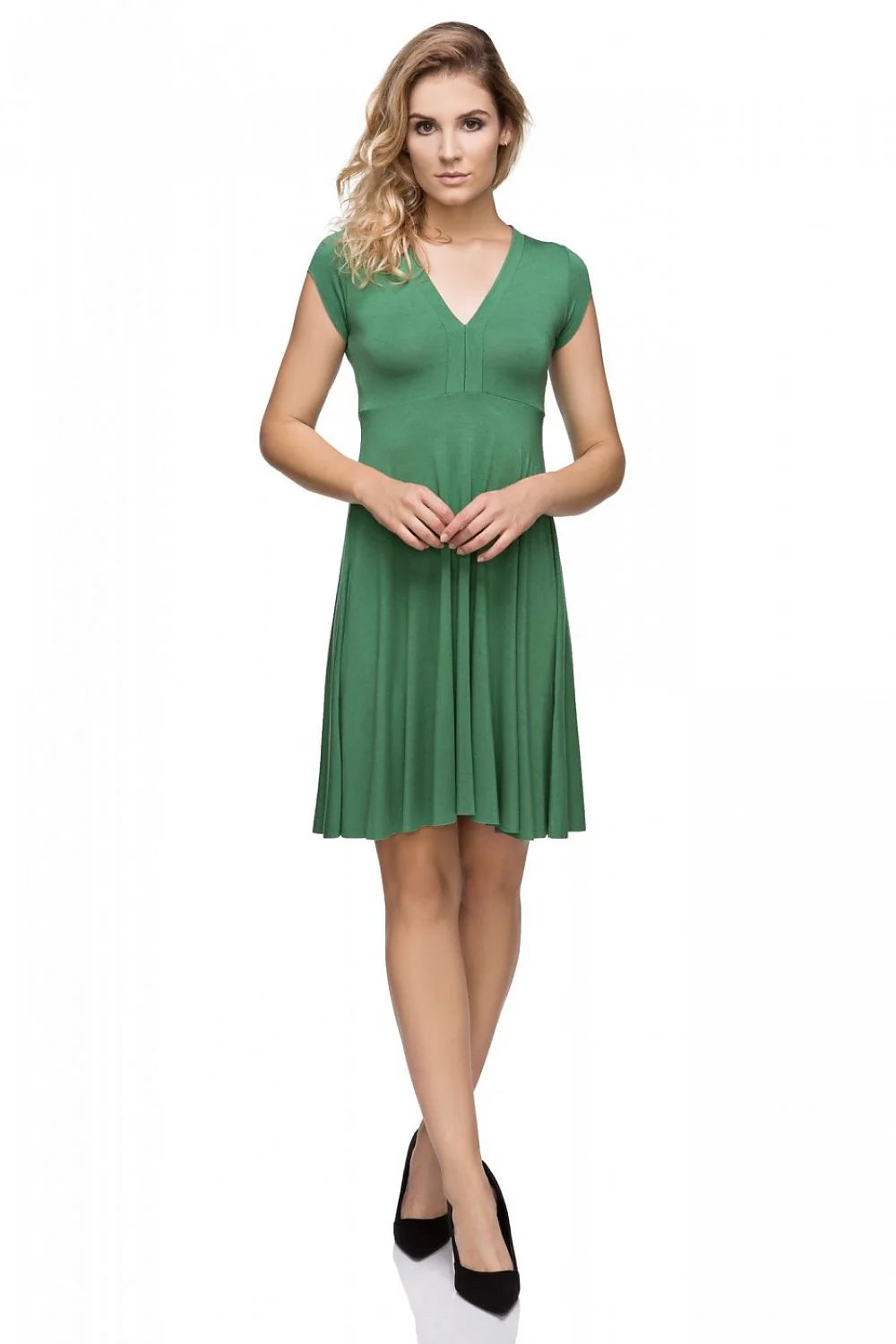 Robe évasée en coton vert décontractée élégante manches courtes col V tenue confortable