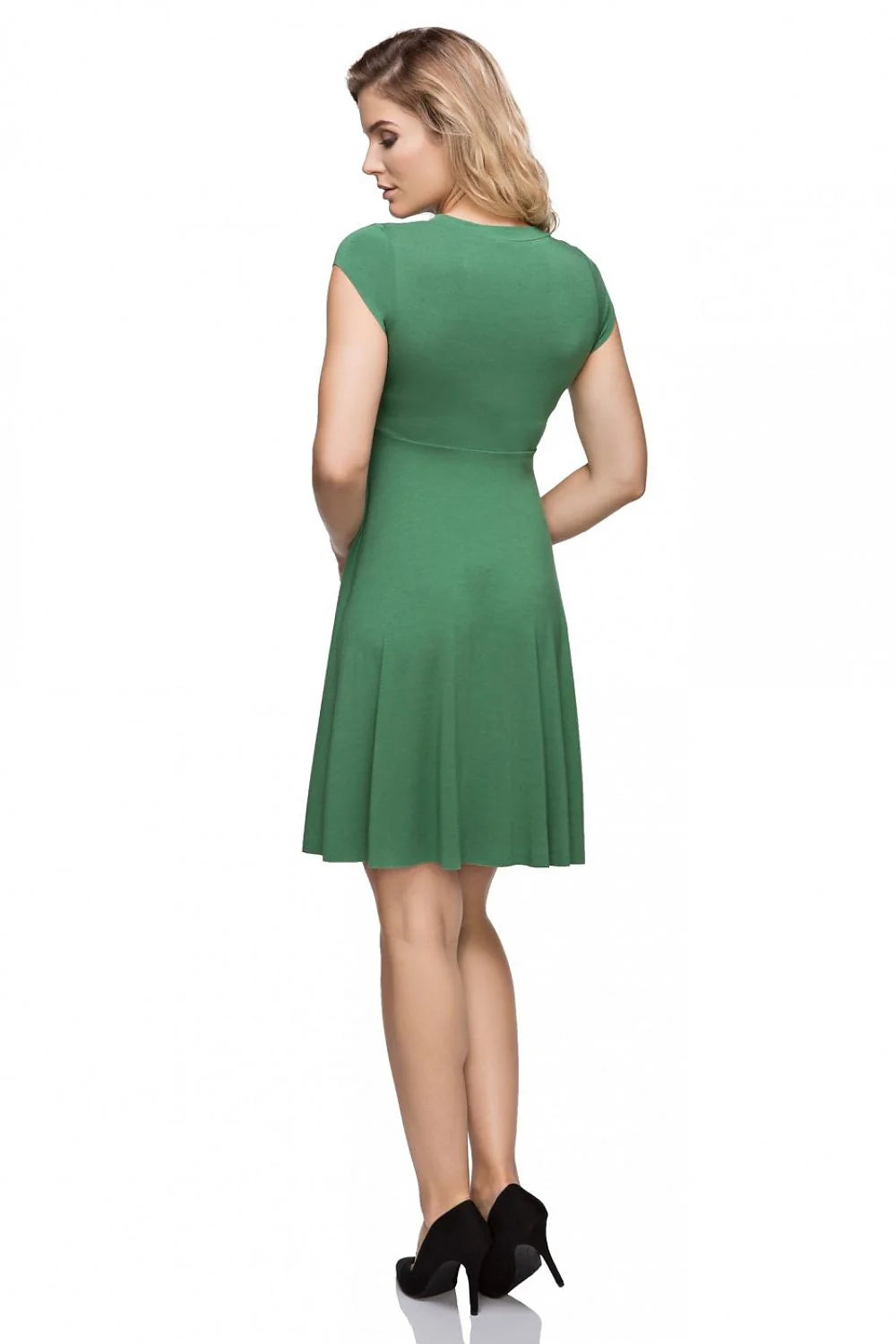 Robe évasée en coton vert décontractée élégante manches courtes col V tenue confortable