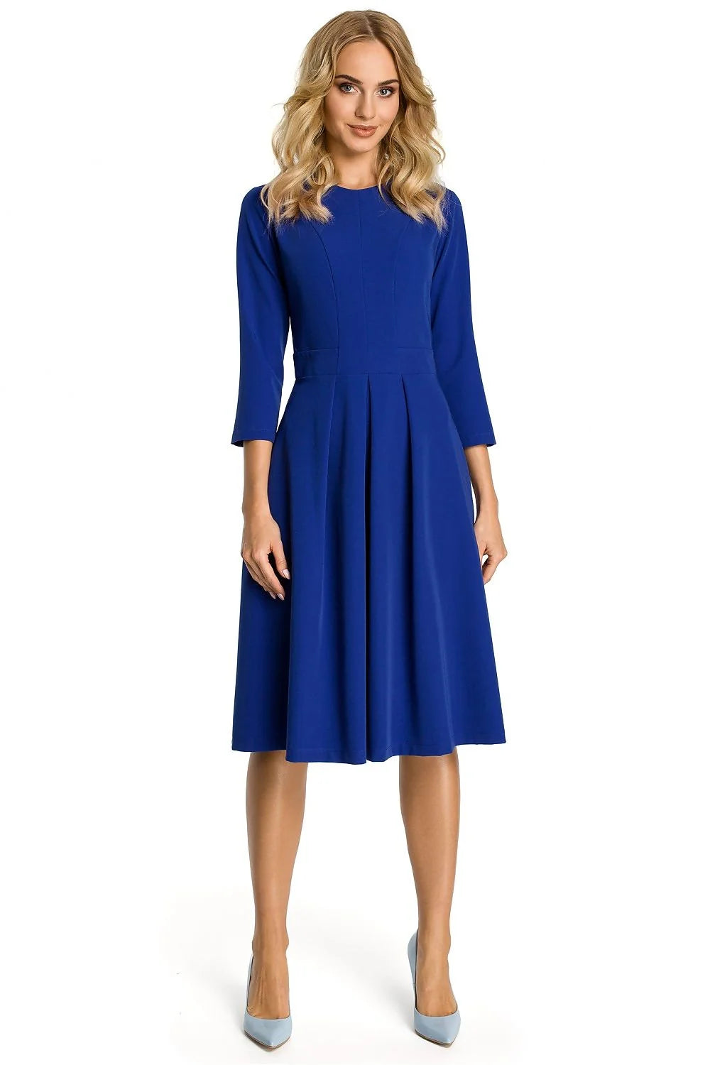 Robe évasée fluide élégante bleu royal manches trois-quarts confort mi-longue mode féminine classique