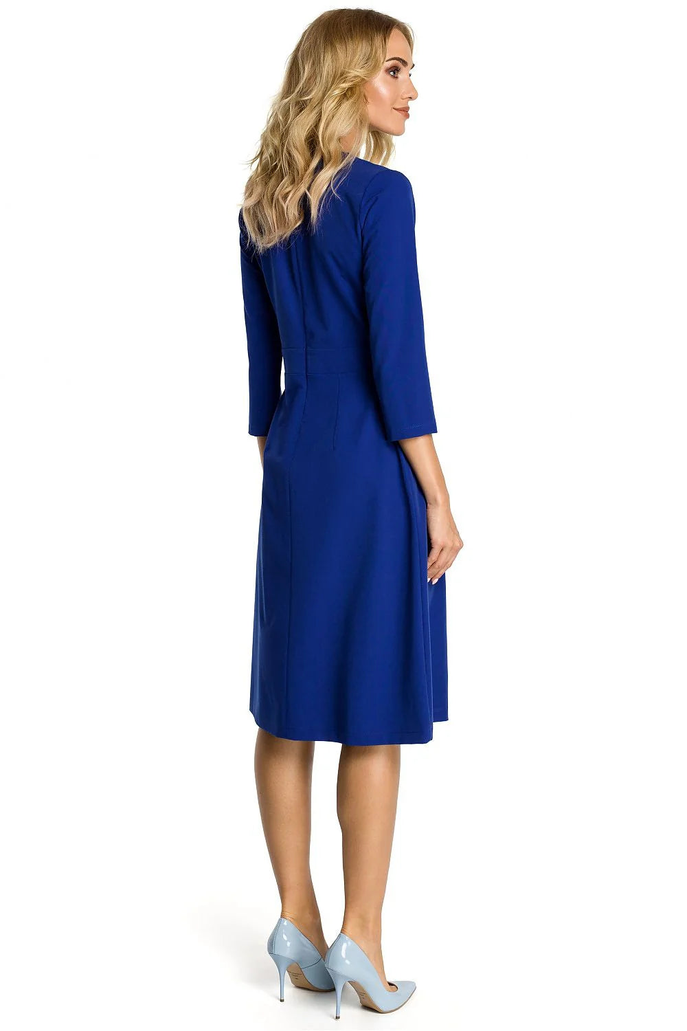 Robe évasée fluide élégante bleu royal manches trois-quarts confort mi-longue mode féminine classique