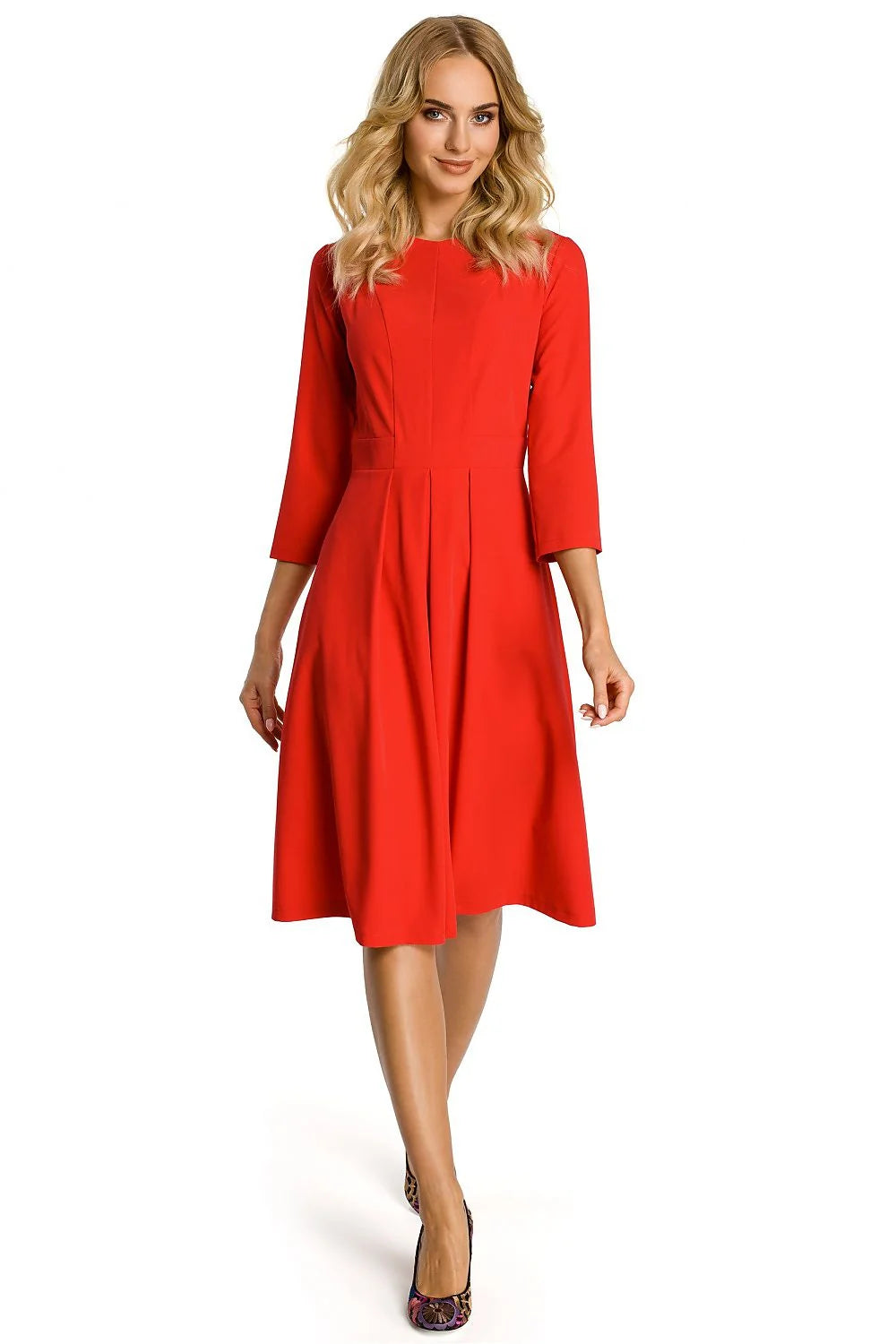Robe évasée fluide élégante bleu royal manches trois-quarts confort mi-longue mode féminine classique