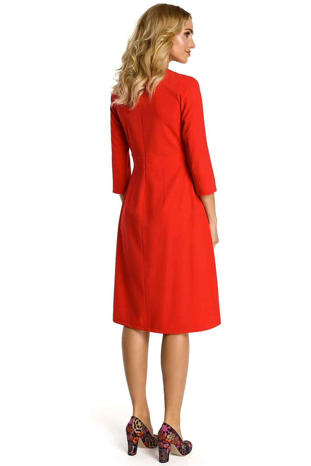 Robe évasée fluide élégante bleu royal manches trois-quarts confort mi-longue mode féminine classique