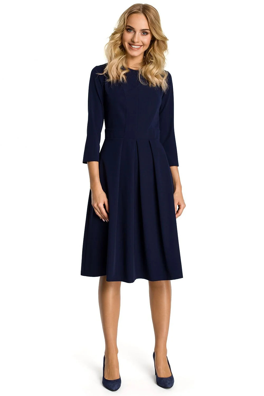 Robe évasée fluide élégante bleu royal manches trois-quarts confort mi-longue mode féminine classique