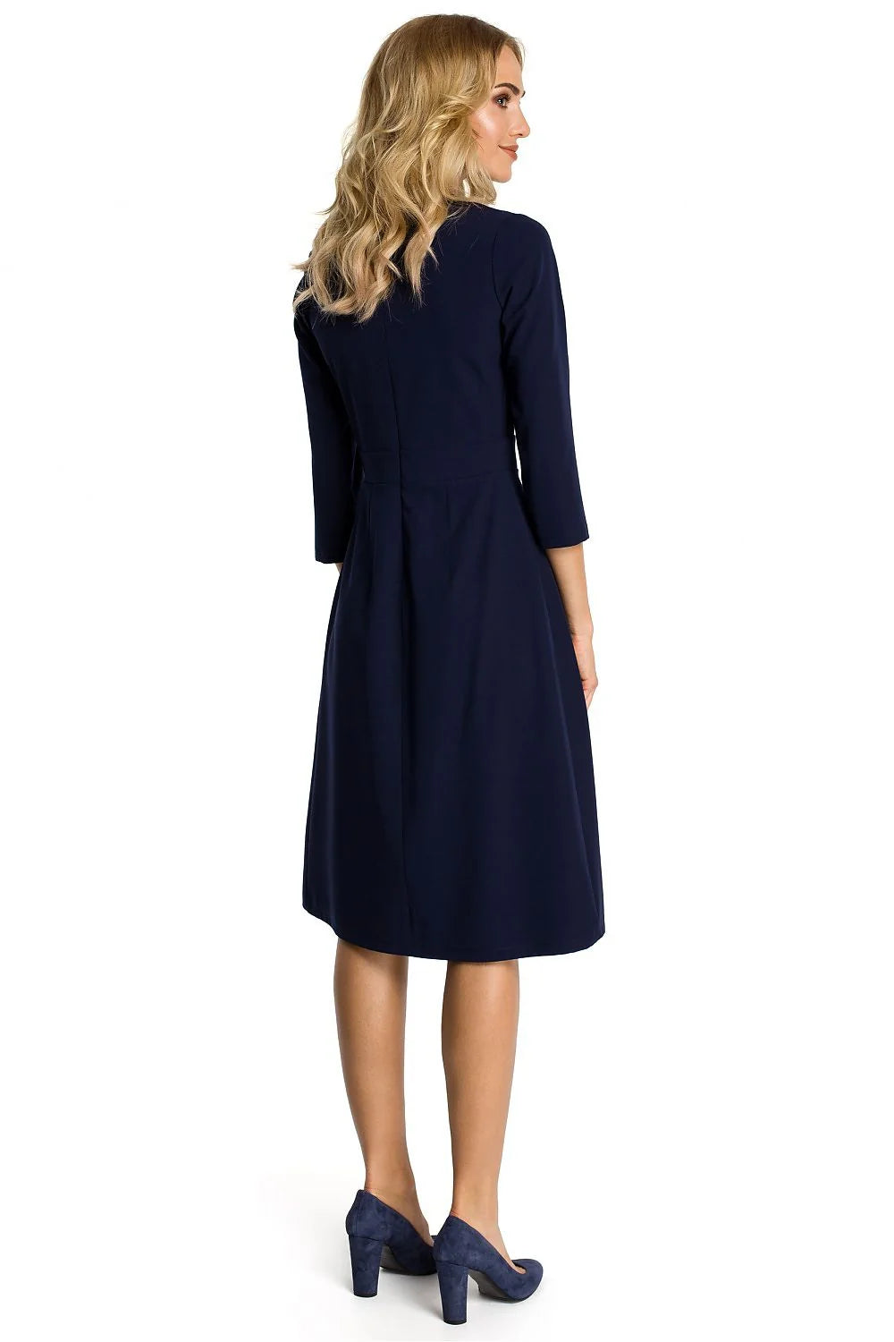 Robe évasée fluide élégante bleu royal manches trois-quarts confort mi-longue mode féminine classique