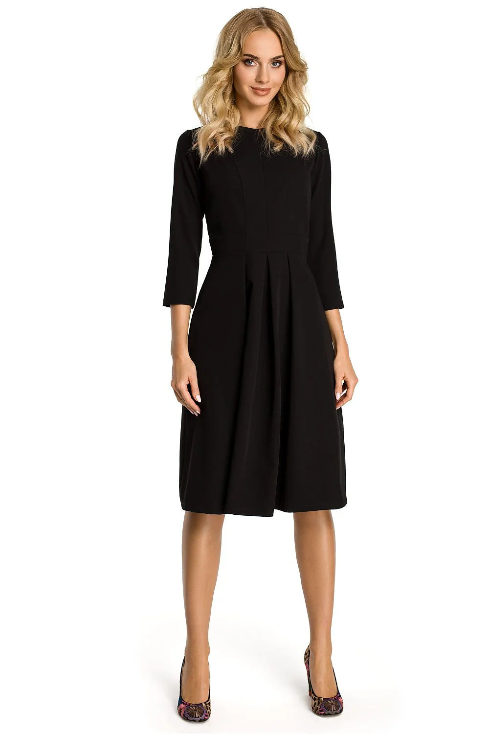 Robe évasée fluide élégante bleu royal manches trois-quarts confort mi-longue mode féminine classique
