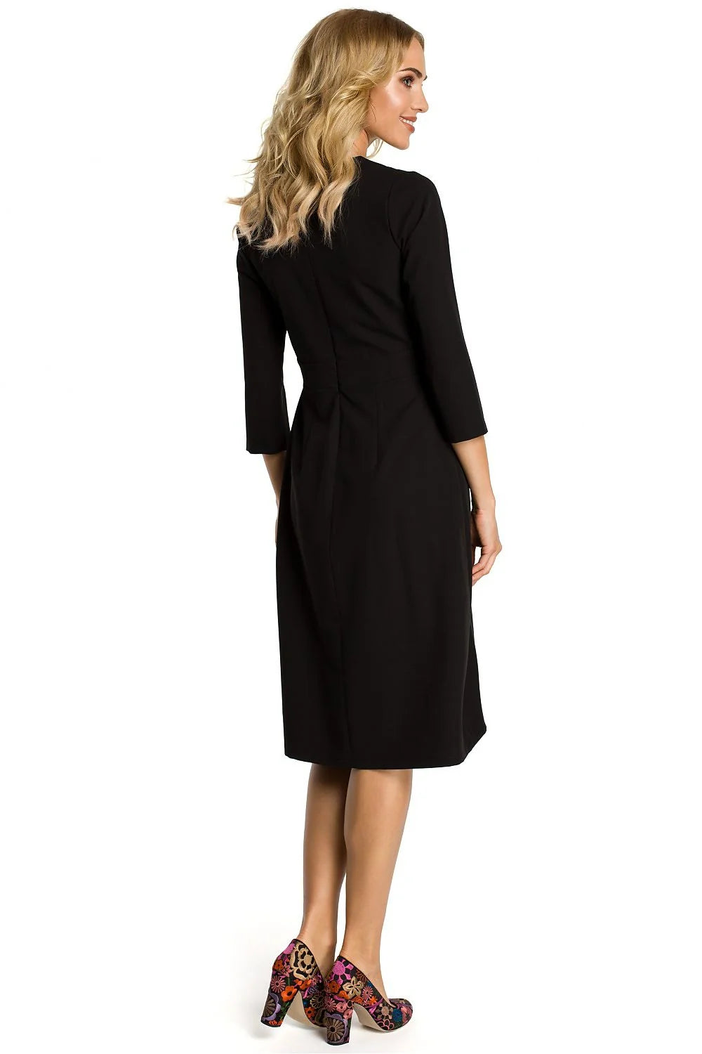 Robe évasée fluide élégante bleu royal manches trois-quarts confort mi-longue mode féminine classique