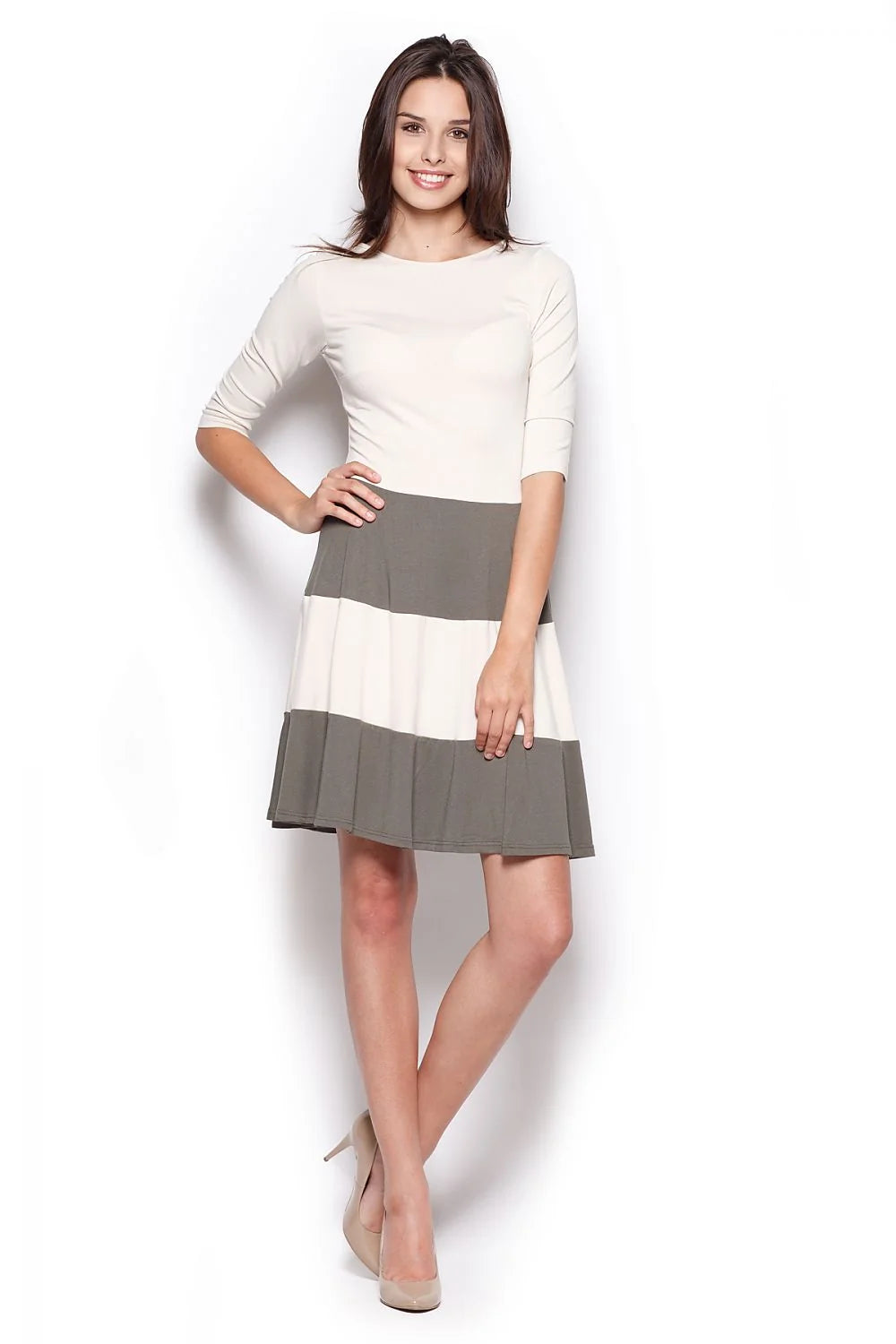 Robe femme coton chic décontracté rayures manches trois-quarts col rond élégante confortable moderne