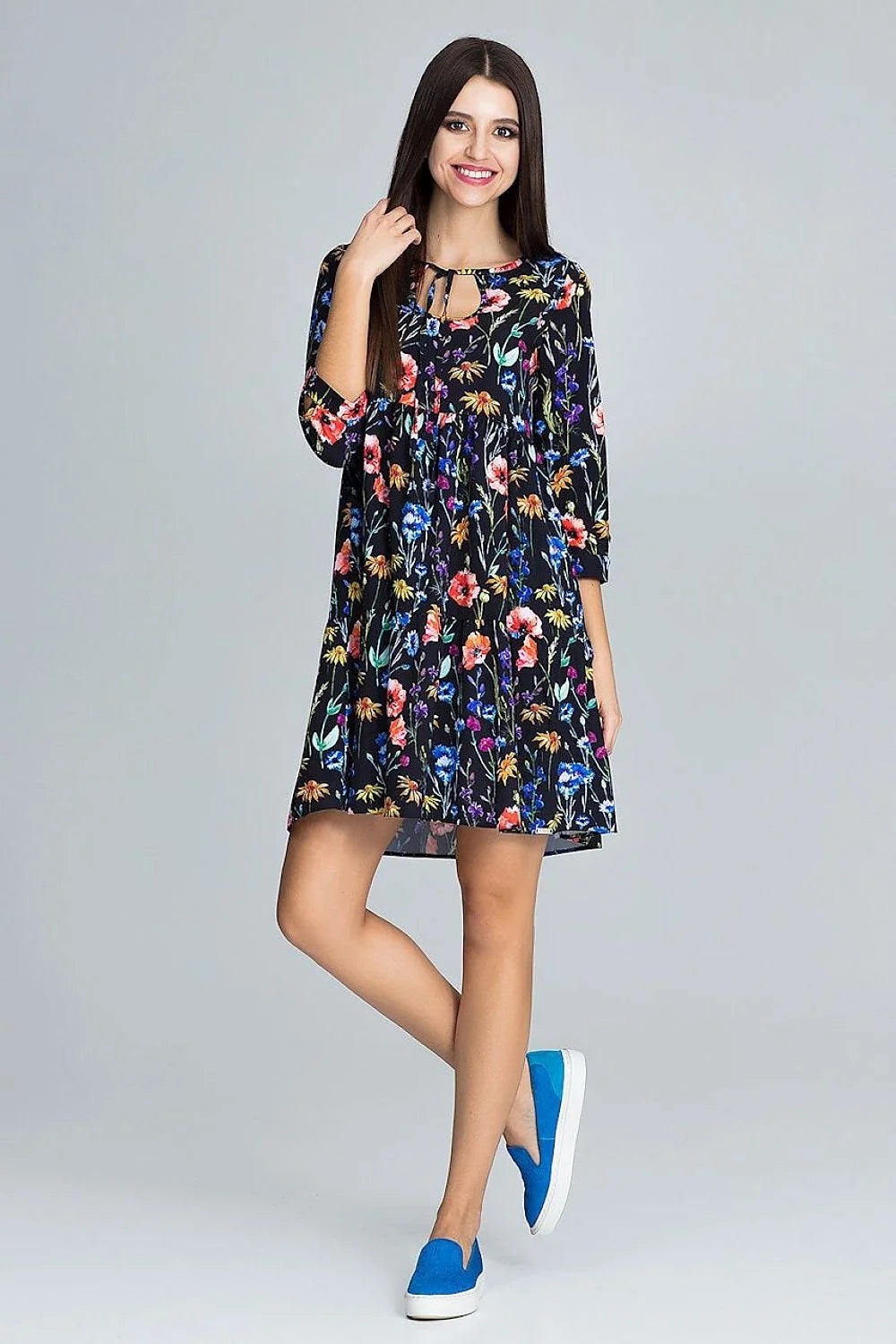 Robe florale en coton style décontracté chic ample manches trois-quarts motifs féminine élégante estivale