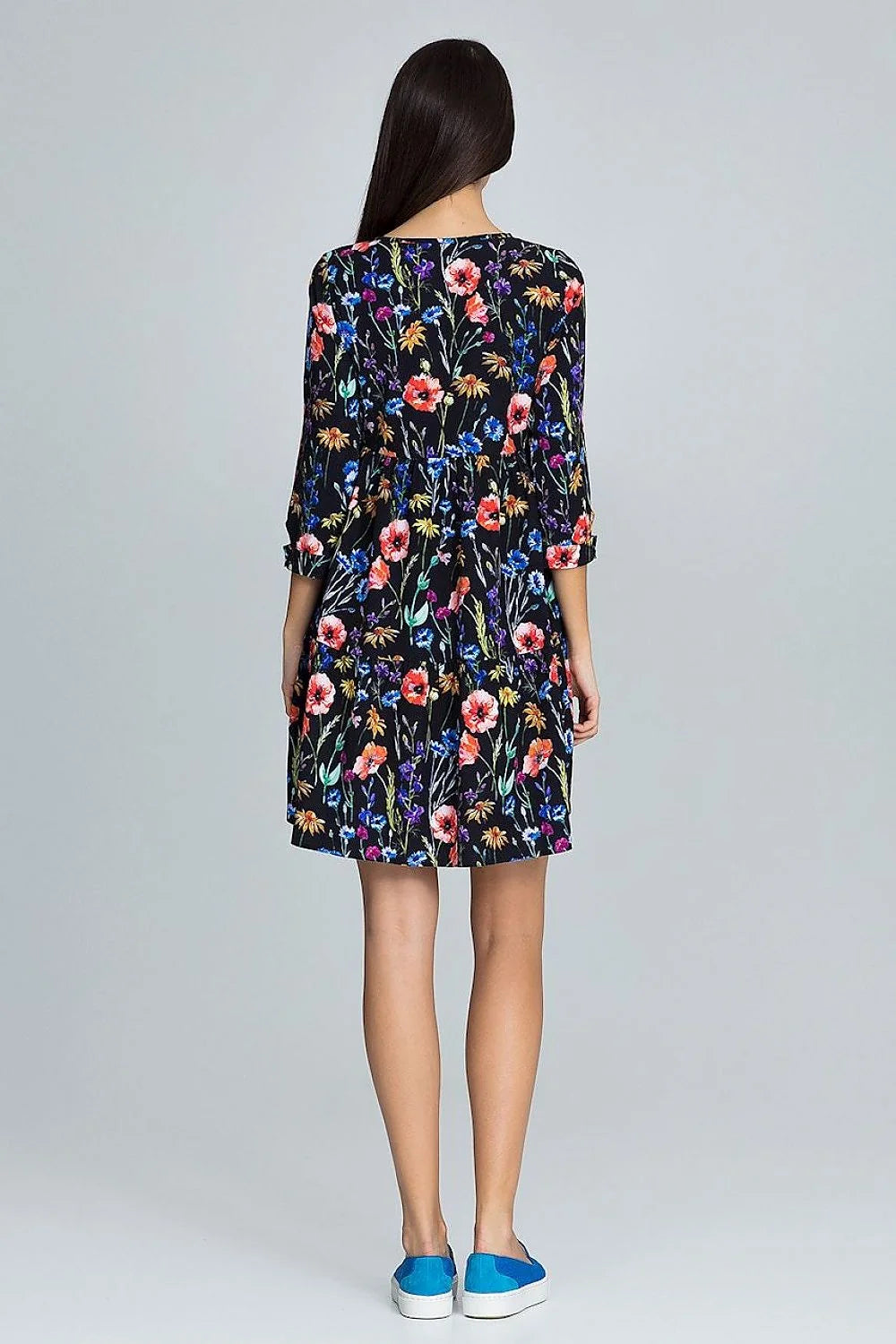 Robe florale en coton style décontracté chic ample manches trois-quarts motifs féminine élégante estivale