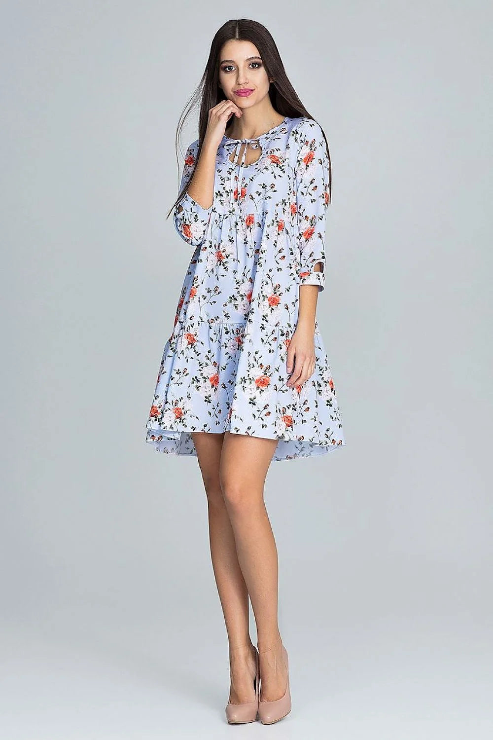 Robe florale en coton style décontracté chic ample manches trois-quarts motifs féminine élégante estivale