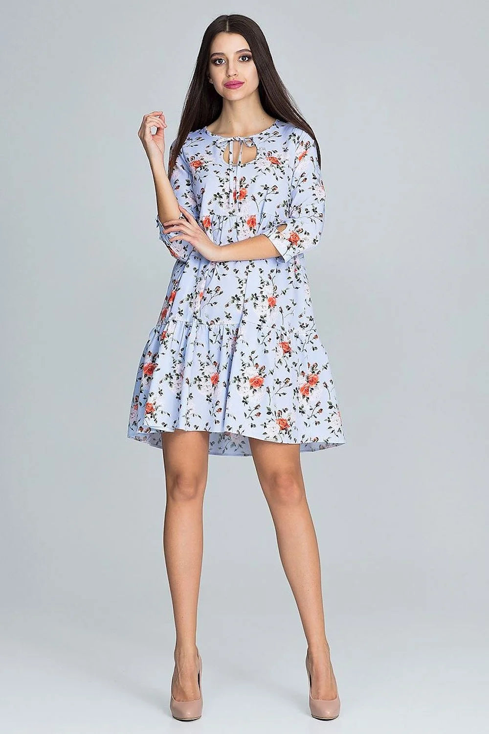Robe florale en coton style décontracté chic ample manches trois-quarts motifs féminine élégante estivale